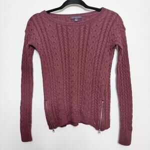American Eagle Outfitters Cable Knit Sweater Maroon Side Zip Crewneck Women XS